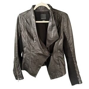 $395 TROUVE Black Soft Leather Biker Moto Jacket Rocker Hi Low Drape Coat SMALL